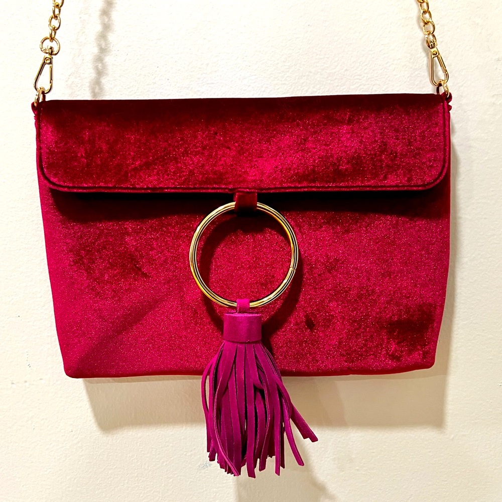 Raspberry Velvet Purse with gold and leather details